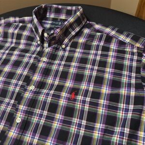 POLO RALPH LAUREN MENS XXL L/S BUTTON UP SHIRT BLACK PURPLE PLAID RED PONY EUC